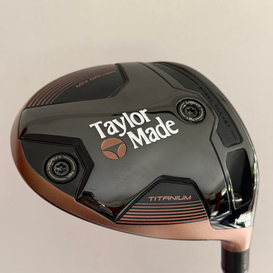 TaylorMade titanium mini driver golf club head close-up.